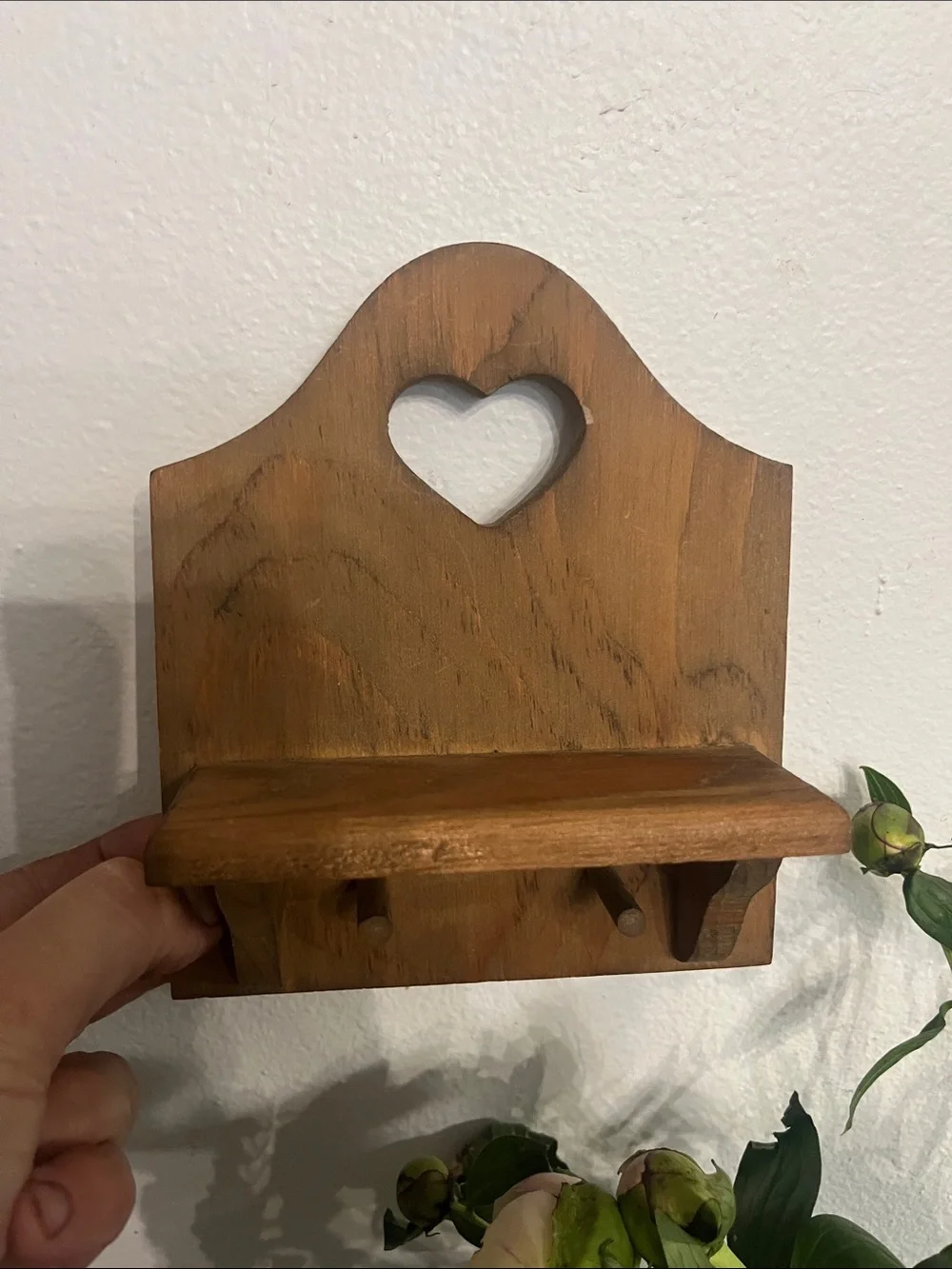 Cottage core mini Wooden Heart Accent Wall Shelf with pegs